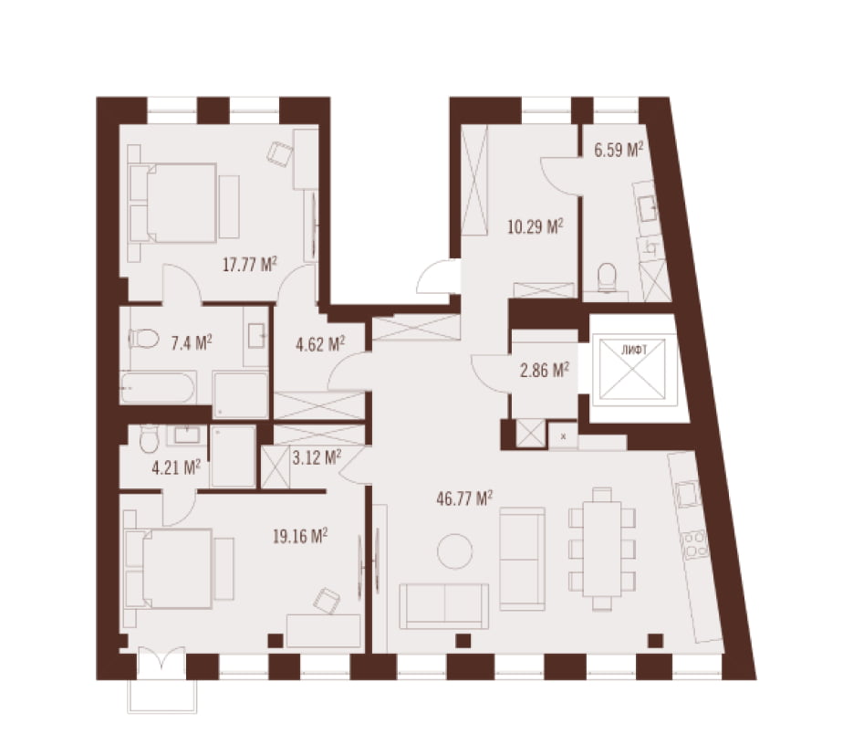 Апартаменты 121,2 м² | 2 спальни<