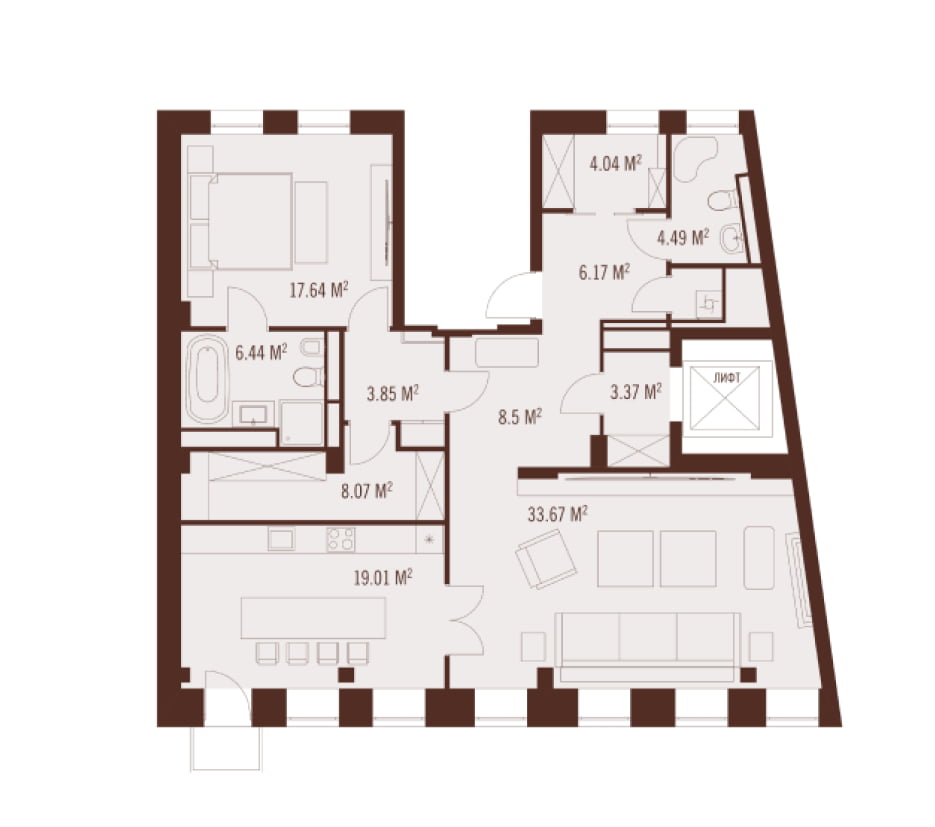 Апартаменты 122,8 м² | 2 спальни